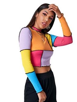 Women's Color Block Ribbed Knit Slim Fitted Long Sleeve Crop Tee Shirt Top
