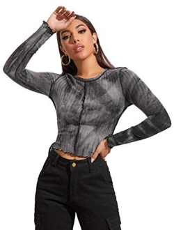 Women's Color Block Ribbed Knit Slim Fitted Long Sleeve Crop Tee Shirt Top