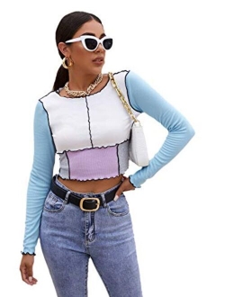 Women's Color Block Ribbed Knit Slim Fitted Long Sleeve Crop Tee Shirt Top