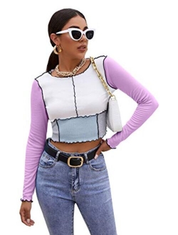 Women's Color Block Ribbed Knit Slim Fitted Long Sleeve Crop Tee Shirt Top