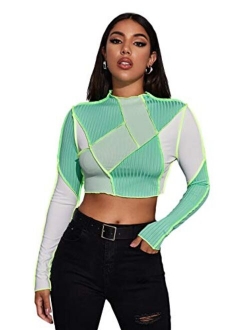 Women's Color Block Ribbed Knit Slim Fitted Long Sleeve Crop Tee Shirt Top