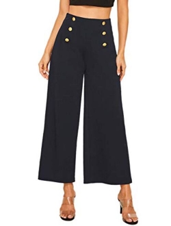 Women's Classy High Waist Sailor Double Breasted Wide Leg Regular Fit Pants with Hide Zipper