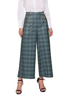 Women's Classy High Waist Sailor Double Breasted Wide Leg Regular Fit Pants with Hide Zipper