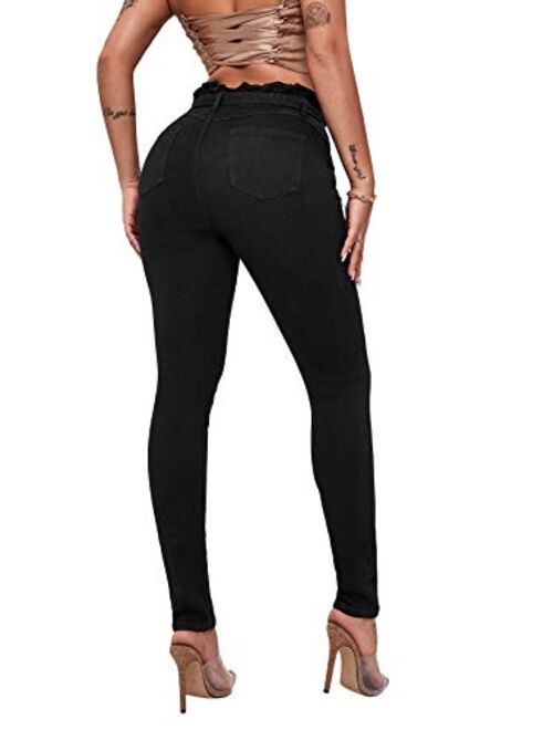 SweatyRocks Women's Elastic Paper Bag Waist Long Pants Belted Jeans with Pockets