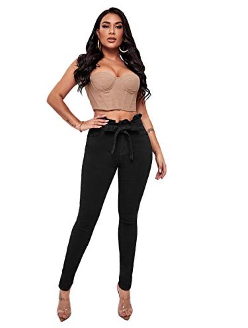 SweatyRocks Women's Elastic Paper Bag Waist Long Pants Belted Jeans with Pockets