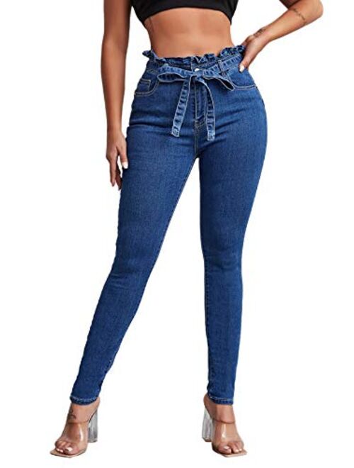 SweatyRocks Women's Elastic Paper Bag Waist Long Pants Belted Jeans with Pockets