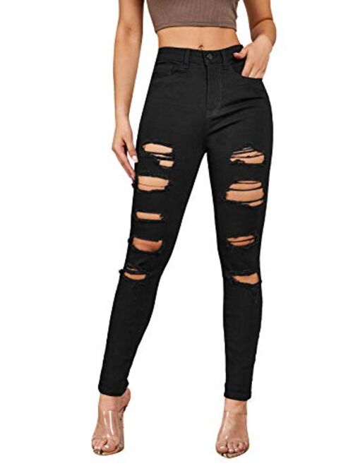 SweatyRocks Women's Elastic Paper Bag Waist Long Pants Belted Jeans with Pockets