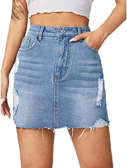 Women's Casual Distressed Ripped Raw Hem Bodycon Mini Denim Skirt