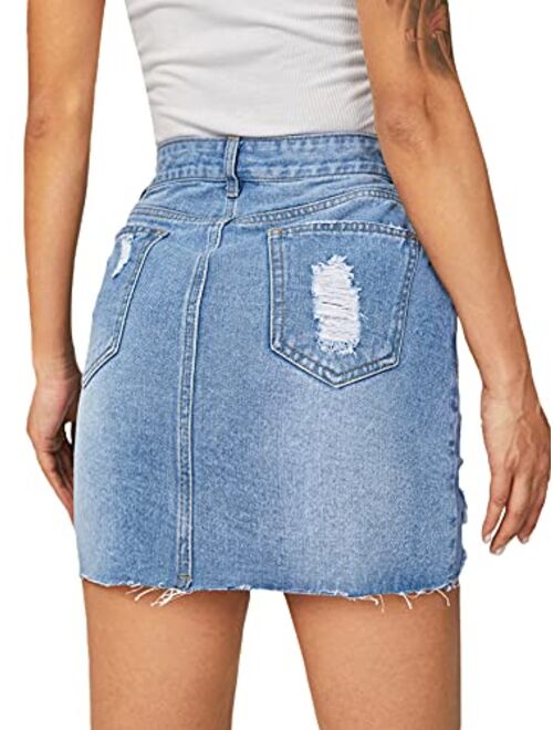 SweatyRocks Women's Casual Distressed Ripped Raw Hem Bodycon Mini Denim Skirt