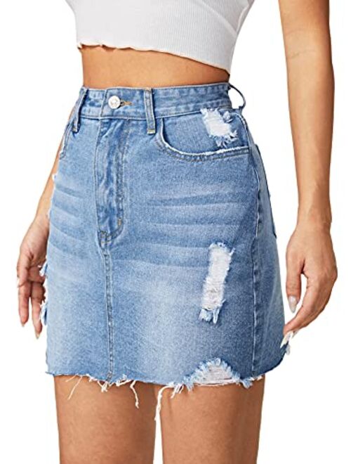 SweatyRocks Women's Casual Distressed Ripped Raw Hem Bodycon Mini Denim Skirt