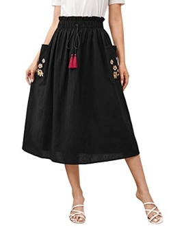 Women's Casual Paper Bag Waist A Line Pleated Midi Skirt with Pockets