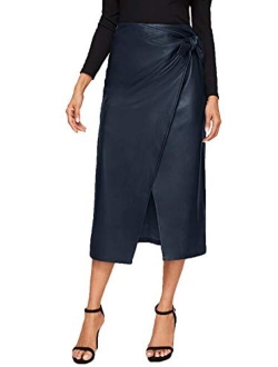 Women's Elegant High Waist Knot Side Wrap PU Leather Midi Skirt