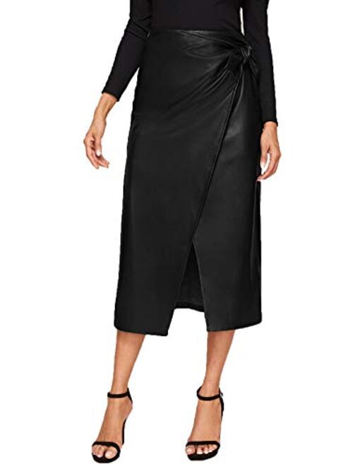 SweatyRocks Women's Elegant High Waist Knot Side Wrap PU Leather Midi Skirt