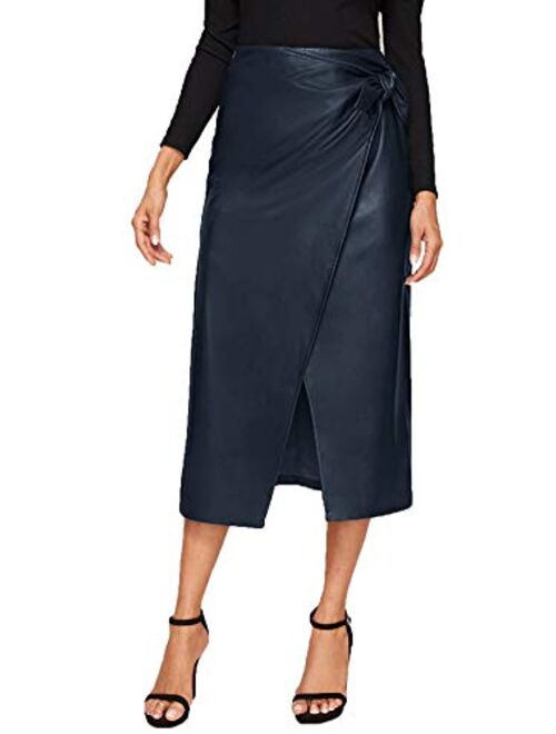 SweatyRocks Women's Elegant High Waist Knot Side Wrap PU Leather Midi Skirt