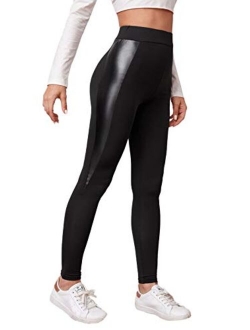 Women's Faux Leather Inserted Leggings Outfit Yoga Tights