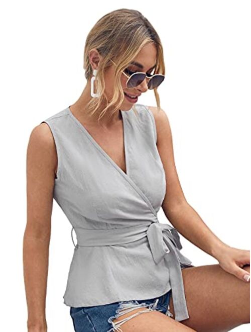 SweatyRocks Women's Sleeveless Tank Top Wrap V Neck Belted Blouse Shirt