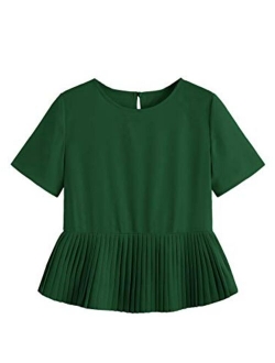 Women's Basic Round Neck Short Sleeve Ruffle Hem Blouse Top Peplum Shirt