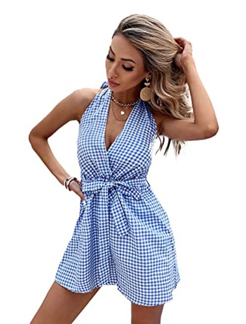 SweatyRocks Women's Elegant Summer Floral Deep V Neck Open Back Halter Ruffle Hem Short Romper Jumpsuit