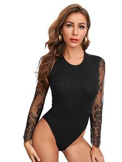 Women's Sexy Lace V Neck Clubwear Top Sheer Mesh Long Sleeve Bodysuit