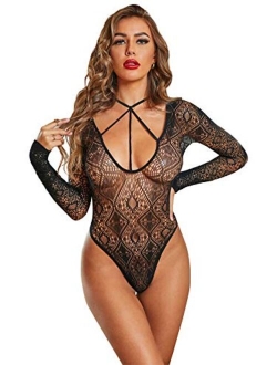 Women's Sexy Lace V Neck Clubwear Top Sheer Mesh Long Sleeve Bodysuit