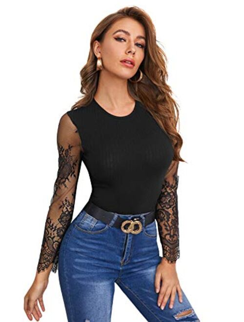 SweatyRocks Women's Sexy Lace V Neck Clubwear Top Sheer Mesh Long Sleeve Bodysuit