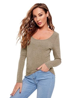 Womens Long Sleeve Scoop Neck Basic Solid Slim fit Tee Shirt Top