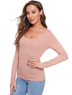 Womens Long Sleeve Scoop Neck Basic Solid Slim fit Tee Shirt Top