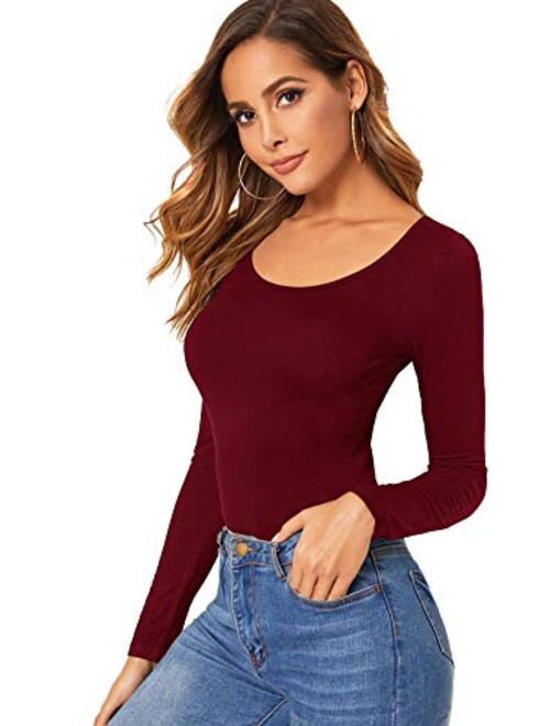 SweatyRocks Womens Long Sleeve Scoop Neck Basic Solid Slim fit Tee Shirt Top