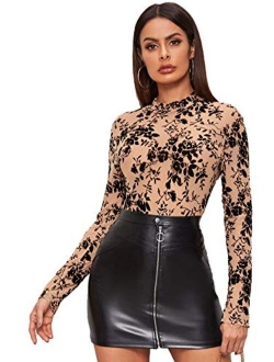 Women's Long Sleeve Floral Flocked See Through Sheer Mesh Top