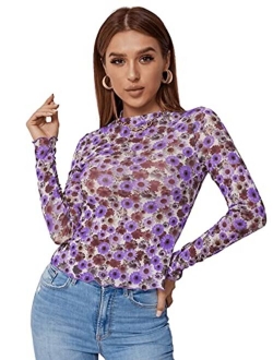 Women's Long Sleeve Floral Flocked See Through Sheer Mesh Top