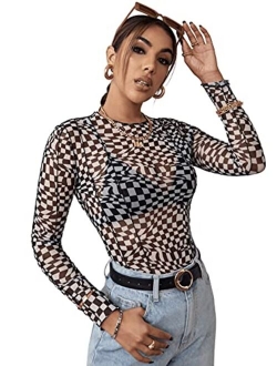 Women's Long Sleeve Floral Flocked See Through Sheer Mesh Top