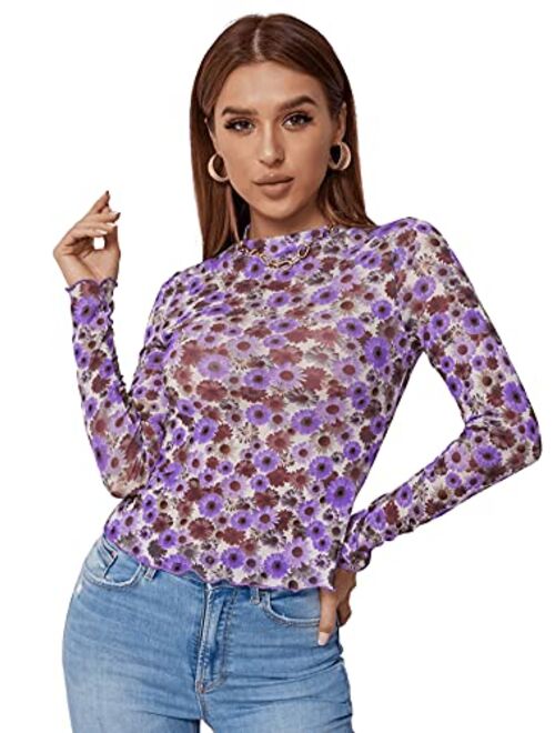 SweatyRocks Women's Long Sleeve Floral Flocked See Through Sheer Mesh Top