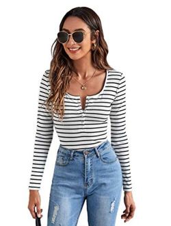 Women's Casual Long Sleeve Ribbed Knit Button Henley Striped T Shirt