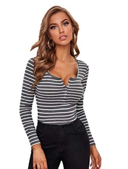 Women's Casual Long Sleeve Ribbed Knit Button Henley Striped T Shirt