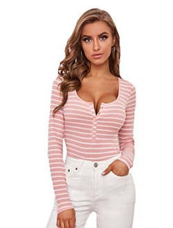 Women's Casual Long Sleeve Ribbed Knit Button Henley Striped T Shirt