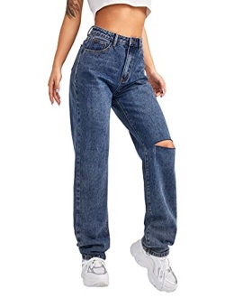 Women's High Waist Slant Pocket Denim Jeans Ripped Straight Leg Pants