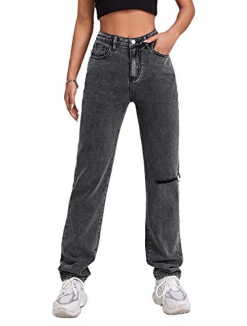 SweatyRocks Women's High Waist Slant Pocket Denim Jeans Ripped Straight Leg Pants