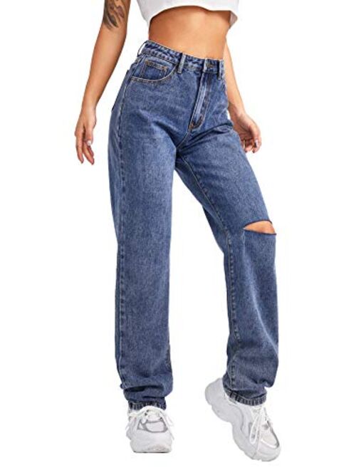 SweatyRocks Women's High Waist Slant Pocket Denim Jeans Ripped Straight Leg Pants