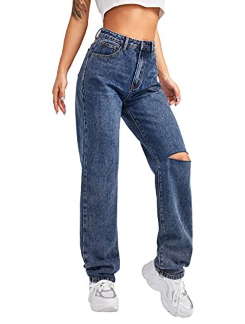 SweatyRocks Women's High Waist Slant Pocket Denim Jeans Ripped Straight Leg Pants