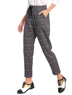 Women's Vintage Plaid Casual Pocket Pants with Drawstring Elastic Waist