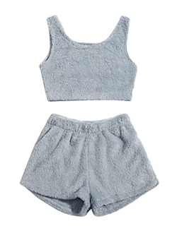 Women's Fluffy Pajamas Set Crop Tank Top with Shorts Loungewear