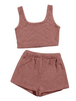 Women's Fluffy Pajamas Set Crop Tank Top with Shorts Loungewear