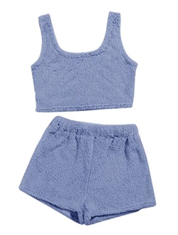 Women's Fluffy Pajamas Set Crop Tank Top with Shorts Loungewear