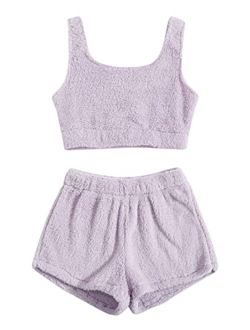 Women's Fluffy Pajamas Set Crop Tank Top with Shorts Loungewear