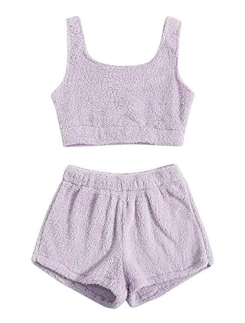 SweatyRocks Women's Fluffy Pajamas Set Crop Tank Top with Shorts Loungewear