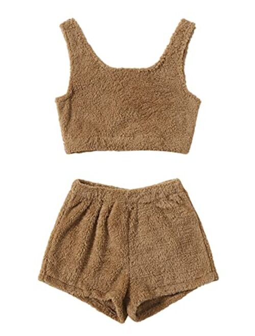 SweatyRocks Women's Fluffy Pajamas Set Crop Tank Top with Shorts Loungewear