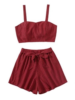 Women's 2 Piece Outfits Summer Sleeveless Tie Back Crop Cami Top and Shorts Set