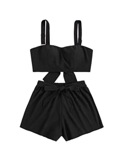 Women's 2 Piece Outfits Summer Sleeveless Tie Back Crop Cami Top and Shorts Set