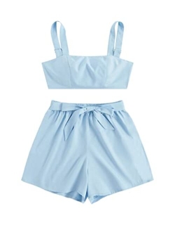 Women's 2 Piece Outfits Summer Sleeveless Tie Back Crop Cami Top and Shorts Set