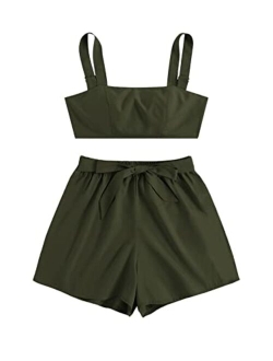 Women's 2 Piece Outfits Summer Sleeveless Tie Back Crop Cami Top and Shorts Set